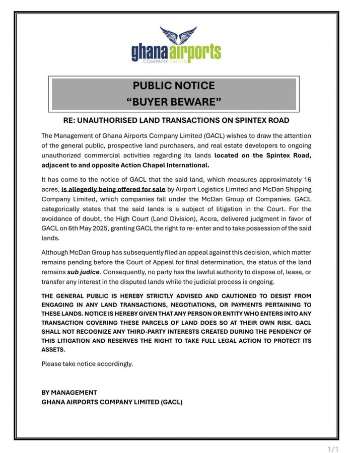 GACL warns public against disputed land deals on Spintex Road