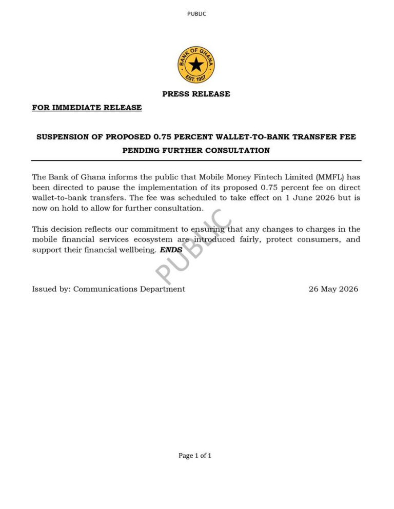BoG orders MTN to suspend planned 0.75% MoMo-to-bank transfer charge pending review